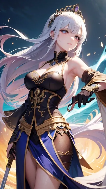 An elegantly aged woman from medieval times in Europe, portrayed in the style of Japanese anime. She stands tall, donning a flowing skirt and wielding a sword, exuding a sense of fantasy and strength. The image, whether it be a painting or a digital artwor...