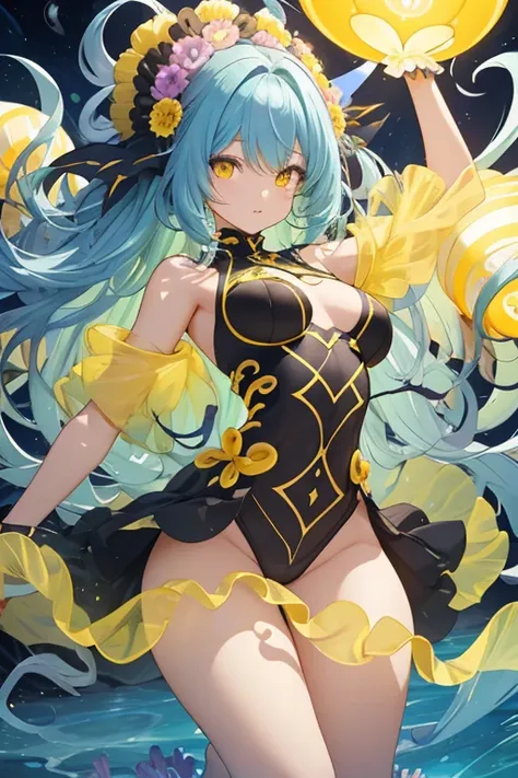 1 female、A female reincarnation of a sea anemone、detailed face、Yellow glowing eyes、Yellow and black multi-colored hair、Vivid warning color costume、soft body、flexible body、perfect proportions、Thick hair like a sea anemone