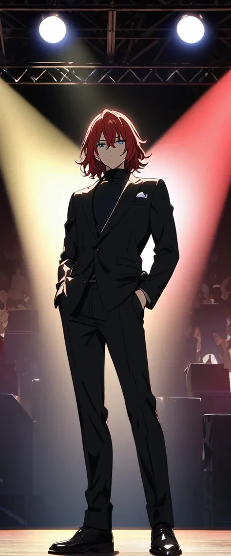 (Young guy), ((handsome)), 1guy, strong, (solo), (red medium hair:1.1), (blue eyes:1.1), ((eyes details)), fit body, black turtleneck, black dress pants, ((expressionless face)), anime hight quality, masterpiece, black blazer, on stage background, spotligh...