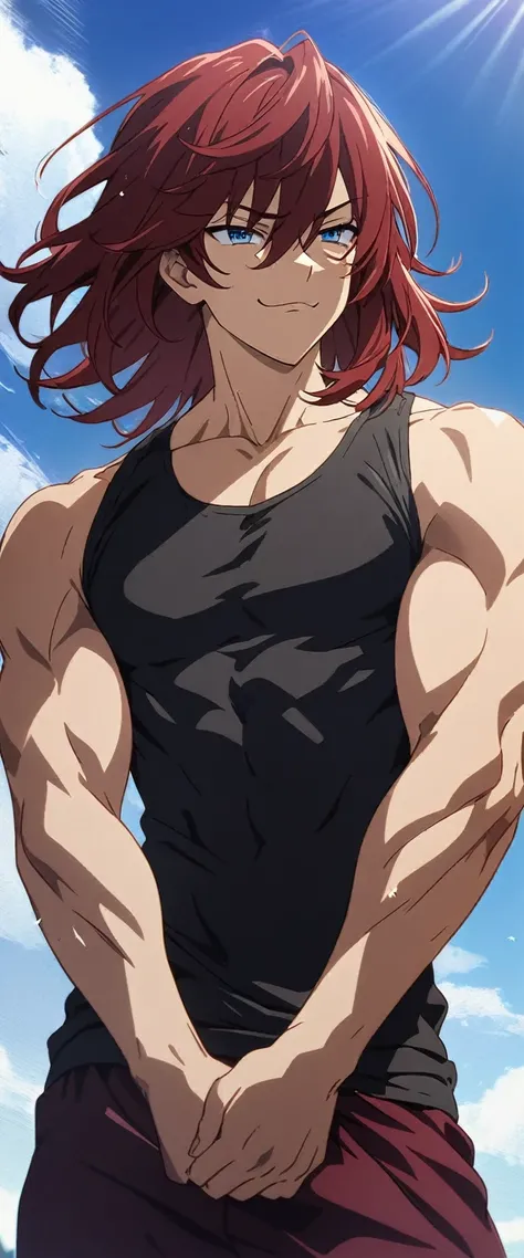 (Young guy), ((handsome)), 1guy, strong, (solo), (red medium hair:1.1), (blue eyes:1.1), ((eyes details)), fit body, black compression shirt, Dark Red Sweatpants, ((smug face)), anime hight quality, masterpiece, Blue Sky background, sunrays, Sidelooking, H...