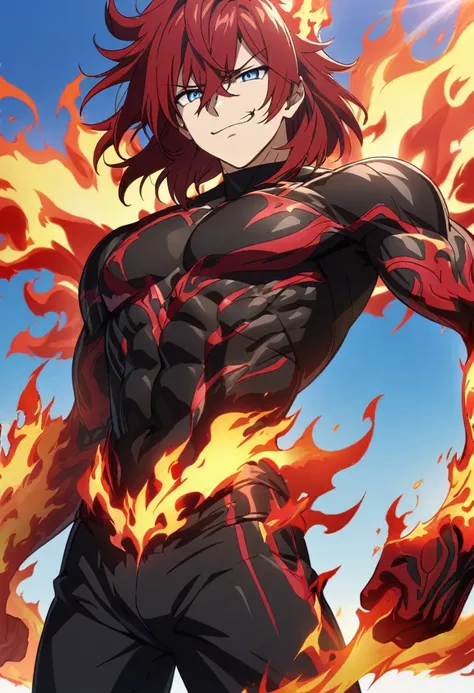 (Young guy), ((handsome)), 1guy, strong, (solo), (red medium hair:1.1), (blue eyes:1.1), ((eyes details)), fit body, black compression shirt, Dark Red Sweatpants, ((smug face)), anime hight quality, masterpiece, Blue Sky background, sunrays, Sidelooking, H...