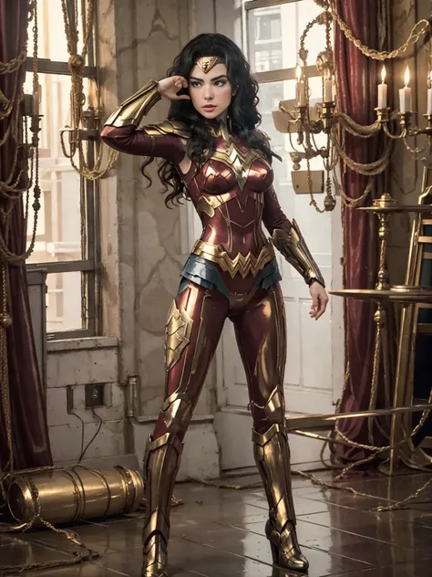 (((full body photo))) Wonder Woman (best quality,ultra-detailed,realistic:1.37),(studio lighting,HDR,vivid colors,physically-based rendering),(portrait),red-haired warrior with yellow eyes wearing a black and gold Superman armor,standing tall with feet on ...