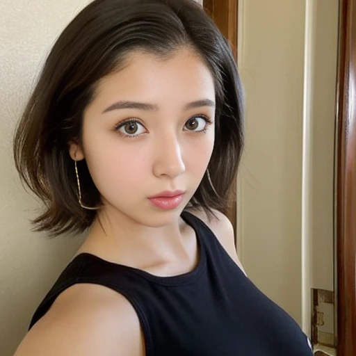 ((japanese woman))、(low quality:1.2)、(28 years old:1.6)、brown hair、((black eyes))、Selfie style:1.5、The location is a bed in a new Western-style room.、Very delicate lighting、(camisole:1.8)、((below average face))、(Low quality:1.5)、realistic vape、(Poor image ...