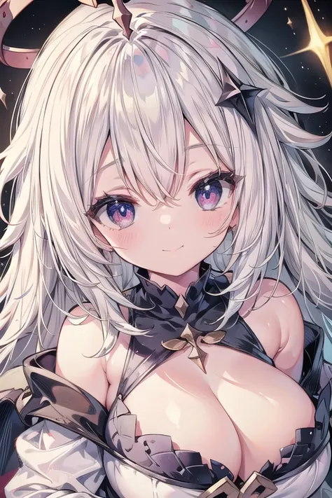 one-girl，the original god，Paimon，Large breasts，cleavage，Be red in the face，Close-up shot，sportrait，looks into camera，ssmile, (( White-Hair))
