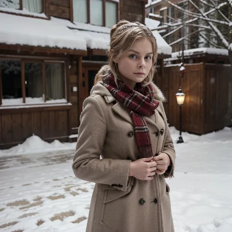 Rose McIver in the snow wearing a coat and scarf