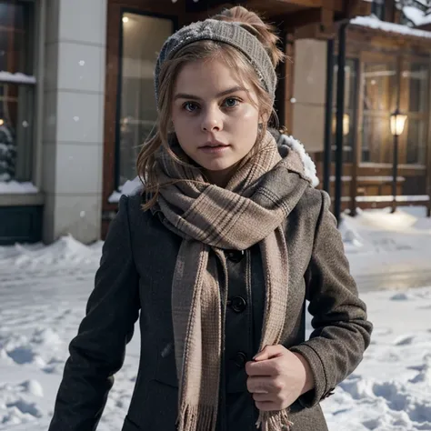 Rose McIver in the snow wearing a coat and scarf