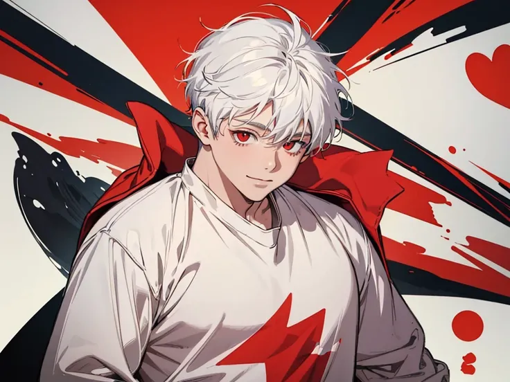 There is a young chubby teen boy looking at the camera. He has red eyes. He has white hair. He is good looking. He is wearing a red shirt. He is smilling.