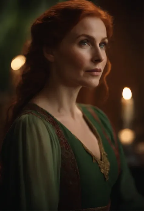 ((A deep reddish scar runs across her left cheek))) fair-skinned,Women around 59 years old, Red hair, distinct green eyes, Wearing Cole, slender and graceful,, beautiful, Candlelight in medieval atmosphere, ultra focus clear, photo realistic, Feminine and ...