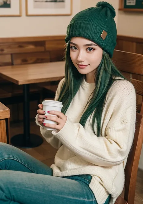 1 girl, alone, coffee shop, green hair, Beanie hat, sweater, jeans, sitting in a chair, dynamic pose, indoors, 