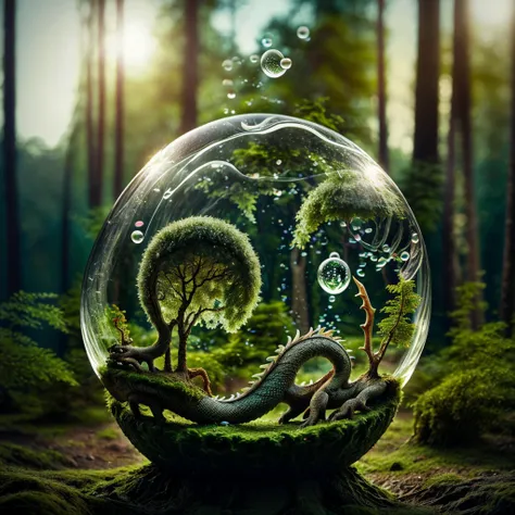 (An intricate mini-forest-landscape of a minidragon trapped in a bubble), atmospheric oliva lighting, (a minidragon trapped in a bottle), 4k UHD, dark vibes, hyper detailed, vibrant colours forest background, epic composition, octane render, sharp focus, h...