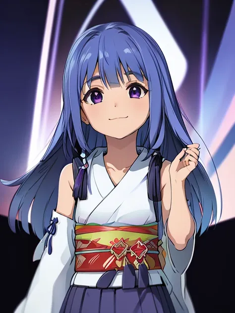 uhd, advanced details, (1girl), princess cut, long hair, blue hair, purple eyes, blue-beaded earring, hakama skirt, kimono, yuna...