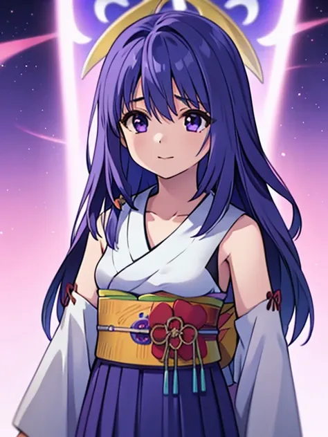 UHD, advanced details, (1girl), princess cut, long hair, blue hair, purple eyes, blue-beaded earring, hakama skirt, kimono, YunaFFX,