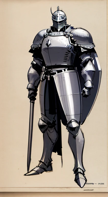 conceptual art, sketch, Simple style, pastel shades, Knight, Wear a Knights helmet, full length, standing tall, A Knight (men), Gray Knight armor attached to the whole body
