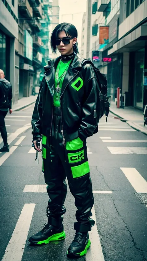 There is a man in a black and green suit with a backpack, (best quality 8k)Cyberpunk Streetwear, Cyberpunk clothing, cyberpunk street goon, Wearing cyberpunk, Cyberpunk techwear, Muted cyberpunk style, having cyberpunk style, Cyberpunk style, Wearing cyber...