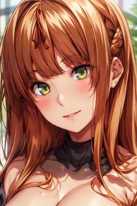 Black shirt,long sleeves,turtleneck, hair ornament, Green eyes, Orange hair,bangs,Long hair, 1 girl, 20yo,Young female,Beautiful long legs,Beautiful body, Beautiful Nose,Beautiful character design, perfect eyes, perfect face,expressive eyes,perfect balance...