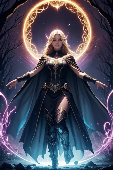 The image depicts a blonde sorceress in a vibrant and mysterious fantasy setting.. She is positioned in the center of the scene, surrounded by an ethereal aura that radiates magical energy. Seus longos cabelos loiros fluem suavemente ao vento, as she raise...