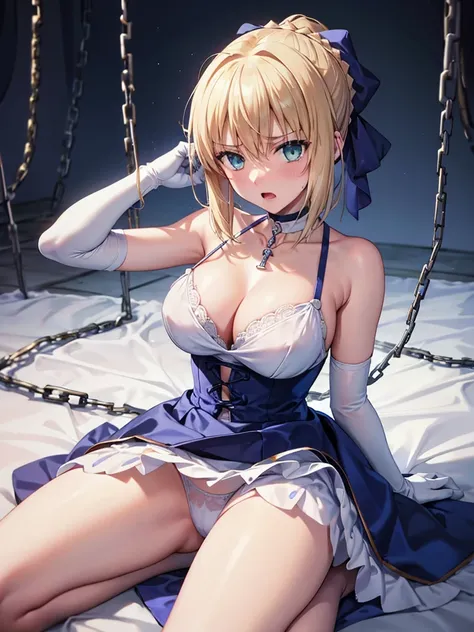 Best Quality, masutepiece,{{{Artoria Pendragon:1.6}}}, His hands are chained above his head:1.7,1girl in, gloves, elbow groves, Choker, White Dress, official alternate costume, big fat breasts, clavicle,, White Gloves, cleavage, straplessdress, Bow, Bare s...