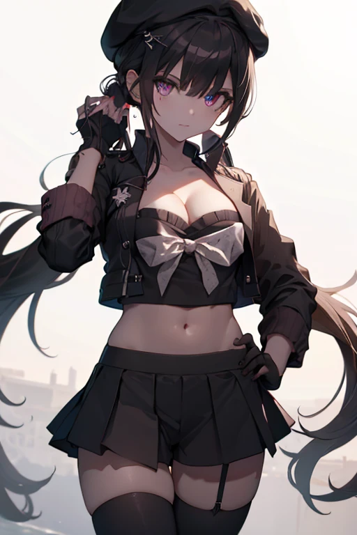 ubel,dark green hair,long hair,side ponytail,hair between eyes,bangs, BREAK (beret, black jacket, open clothes, cleavage, midriff, black shorts, black thighhighs, thigh strap, fingerless gloves, single glove:1.2) BREAK blurry background, BREAK pose, hand o...