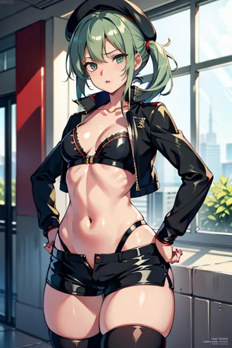 ubel,dark green hair,long hair,side ponytail,hair between eyes,bangs, BREAK (beret, black jacket, open clothes, cleavage, midriff, black shorts, black thighhighs, thigh strap, fingerless gloves, single glove:1.2) BREAK blurry background, BREAK pose, hand o...