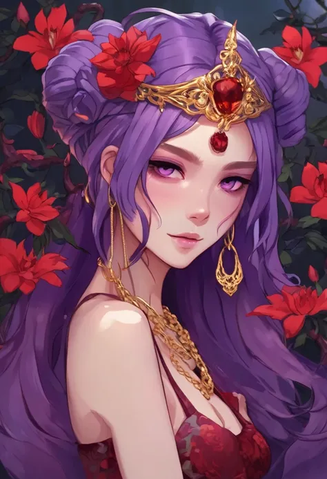 Anime girl.  Purple skin, Purple hair with red flower in hair,  (3 skull crown,  gold snake necklace:1.2) ,red fire dress, 