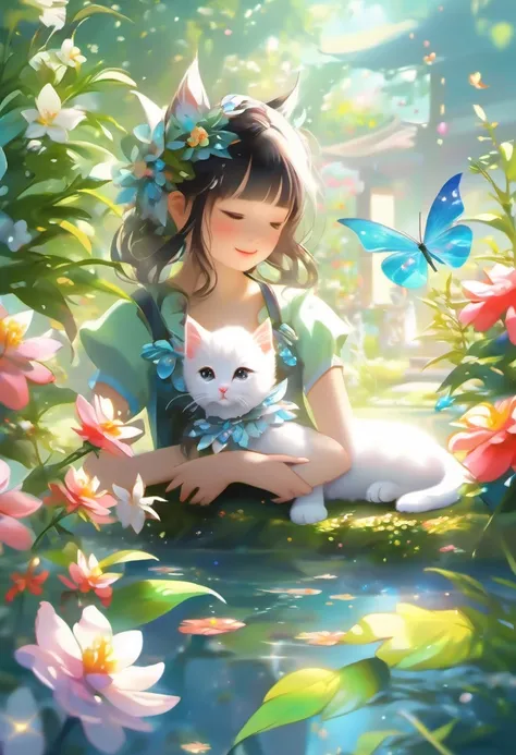 This scene is very fascinating、A girl and a white kitten in a beautiful garden, In the distance, a  can be seen watching a white kitten happily catching butterflies., The garden is decorated with lush greenery and colorful flowers.、The sunlight filtering t...