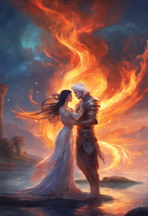 A guy with white hair and a girl with dark hair lying on the water hug each other and are consumed by fire