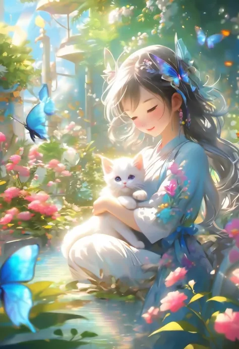 This scene is very fascinating、A girl and a white kitten in a beautiful garden, In the distance, a  can be seen watching a white kitten happily catching butterflies., The garden is decorated with lush greenery and colorful flowers.、The sunlight filtering t...