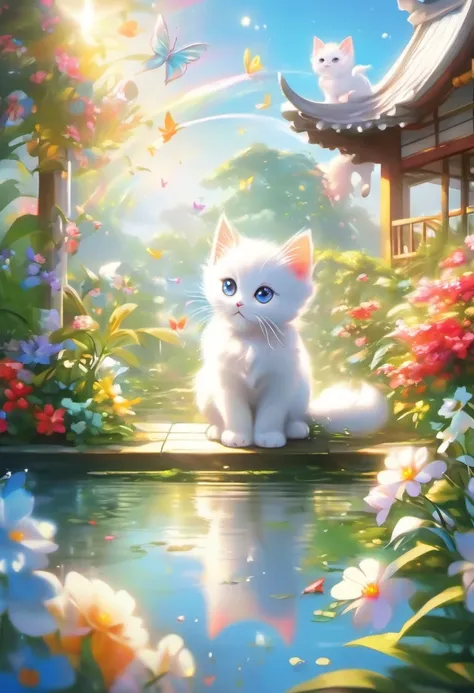 This scene is very fascinating、A girl and a white kitten in a beautiful garden, In the distance, a  can be seen watching a white kitten happily catching butterflies., The garden is decorated with lush greenery and colorful flowers.、The sunlight filtering t...