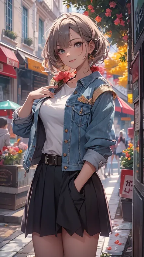 (Highly detailed CG unit 8k wallpaper, masterpiece, High resolution, highest quality, highest qualityのリアルテクスチャスキン), Hands in pockets pose:1.5, Looking up at the sky and smiling, Short fade cut messy curly hair, A cool fashion girl influenced by the stark a...