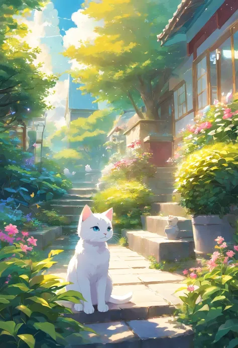 This scene is very fascinating、A girl and a white kitten in a beautiful garden, In the distance, a  can be seen watching a white kitten happily catching butterflies., The garden is decorated with lush greenery and colorful flowers.、The sunlight filtering t...