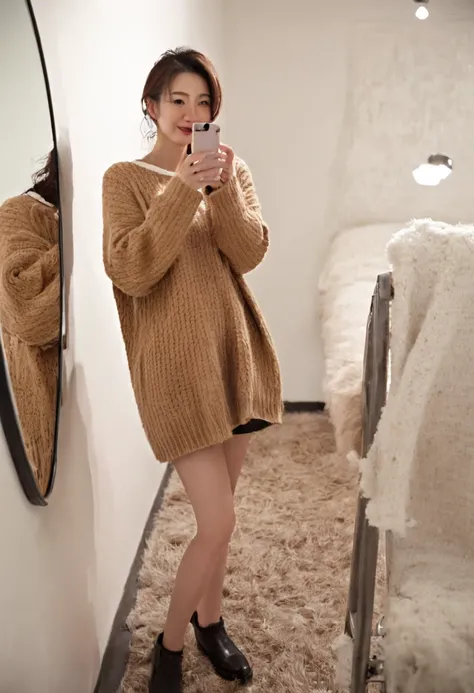 A fifty-year-old woman wearing a sweater taking a selfie in front of a mirror, brown sweater, 8K)), wearing a sweater, Height: 165cm, full body picture, オーバーサイズのwearing a sweater, thighs!!!!!!, Height: 155cm, exposed thighs!!!, wearing a sweater, full body...