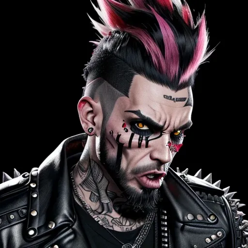 official art, unity 8k wallpaper, ultra detailed, aesthetically pleasing, High quality, masterpiece, best quality, Punk skull with red mohawk, 1man, wide open mouth, detailed teeth, empty eye sockets, black and white graphic style, high contrast, (best qua...