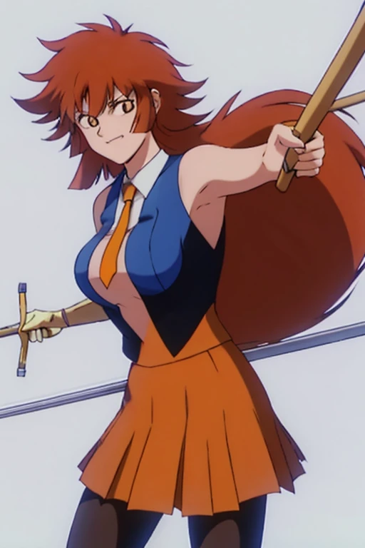 a cartoon woman in uniform holding a bow and arrow in front of her, kureha touka, 1girl, solo, teenager, 17yo, large breasts, orange pleated skirt, lightbrown hair, long hair diagonal bangs, gold eyes,  black blazer, pleated skirt, white things high, orang...