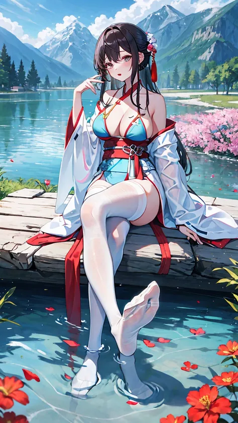 hanfu, 1 girl, big breasts, split, Mountain, soaking foot, sitting, Chinese park background,white stockings,clear water,(foot:1.3), too many flowers,  micro bikini