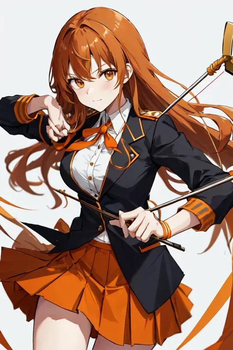 a cartoon woman in uniform holding a bow and arrow in front of her, kureha touka, 1girl, solo, teenager, 17yo, large breasts, orange pleated skirt, lightbrown hair, long hair diagonal bangs, gold eyes,  black blazer, pleated skirt, white things high, orang...