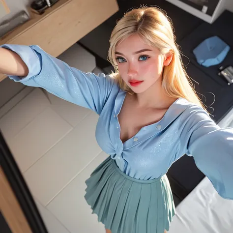 (selfie, top view: 1.4), (straight full body: 1.4), RAW UHD portrait photo of a 18-year-old blonde (light blue-eyed woman) standing in her bedroom (skirt) hair in armpits, (neckline), details (textures! , hair! , glitter, color!! , disadvantages: 1.1), glo...