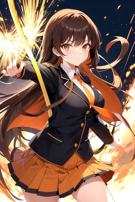 a cartoon woman in uniform holding a bow and arrow in front of her, kureha touka, 1girl, solo, teenager, 17yo, large breasts, orange pleated skirt, lightbrown hair, long hair diagonal bangs, gold eyes,  black blazer, pleated skirt, white things high, orang...