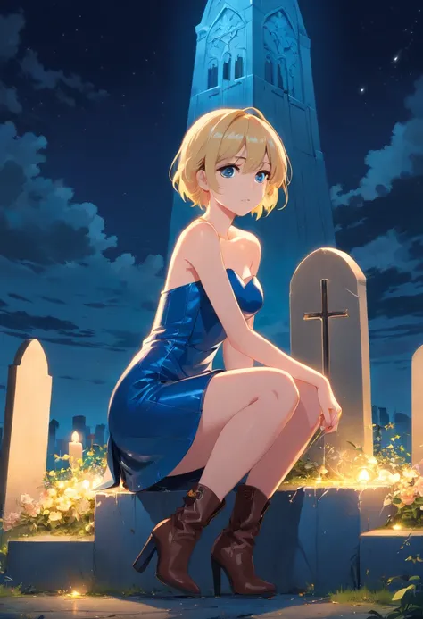 Blonde woman 17 years old, pelo corto, ojos azules, sitting in short strapless blue latex dress, high heeled boots, standing in front of a grave at night with a magic wand in his hand