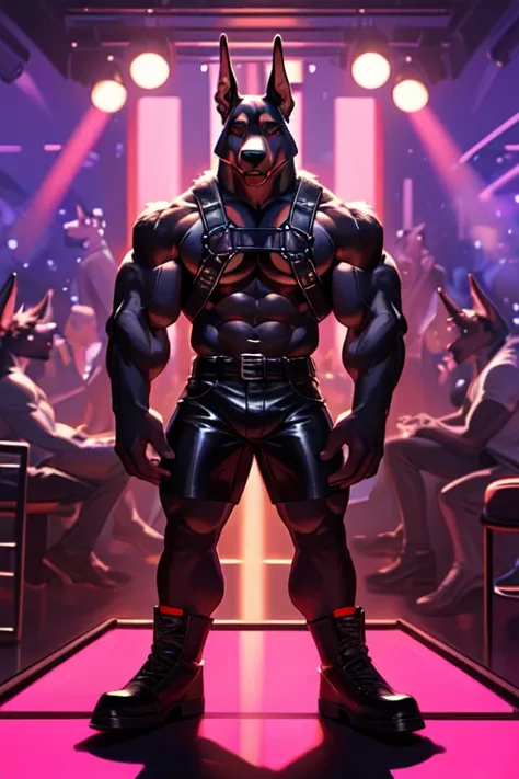 Furry, anthropomorphic Doberman Pinscher, 64 and 202 lbs, red eyes, 44" chest, 19" shoulders, 15" biceps, 34" waist, 24" thighs, 16" calves, 19" back, shirtless, wearing black leather chest harness, wearing black leather sleeveless vest, wearing black leat...