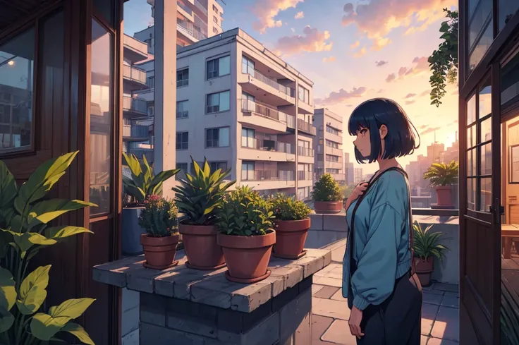 Detailed background, landscape, window, air conditioner, building, Outdoors, Potted plants, concrete, (Illustration:1.0), masutepiece, Best Quality, Potted plants, Cloudy sky, evening, early evening　zori, Girl watching viewer, blue shadow