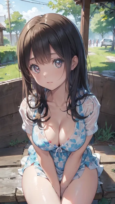  1 girl,  ( Semen-covered floral summer dress), crying face、blush, (smile:0.8),   (Gray curly hair:0.8), nekomimi, sitting on a cushion、Covered in semen、A huge amount of semen drips onto her breasts、A lot of semen dripping onto her chest.、A huge amount of ...