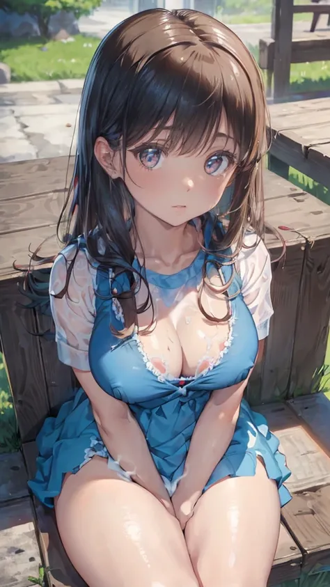  1 girl,  ( Semen-covered floral summer dress), crying face、blush, (smile:0.8),   (Gray curly hair:0.8), nekomimi, sitting on a cushion、Covered in semen、A huge amount of semen drips onto her breasts、A lot of semen dripping onto her chest.、A huge amount of ...