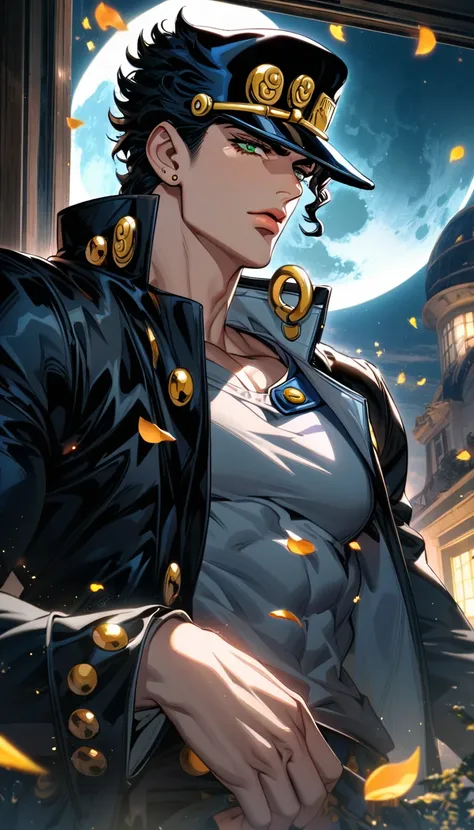 Ultra detailed, Highres, absurdres, HDR, Jotaro Kujoh, black hair, green eyes, black hat, black leather coat, JoJo Bizarre Adventure, 1 man only, moon, window, petals, handsome,