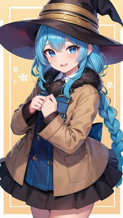 (Mejor calidad), (obra maestra), ((Hermoso:0.75) pretty girl:0.75), [Claro y limpio] pixiv (illustration), roxy migurdia, blue eyes, pelo azul, Golpes, brown coat, sombrero de bruja, trenza,  