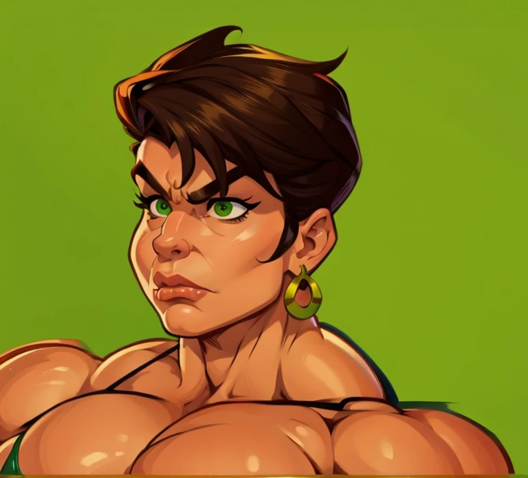 muscle woman with brunette hair wearing green bikini flexing massive muscles, most muscular pose, woman with huge muscles, mature woman, stern expression, green eyes, angry expression