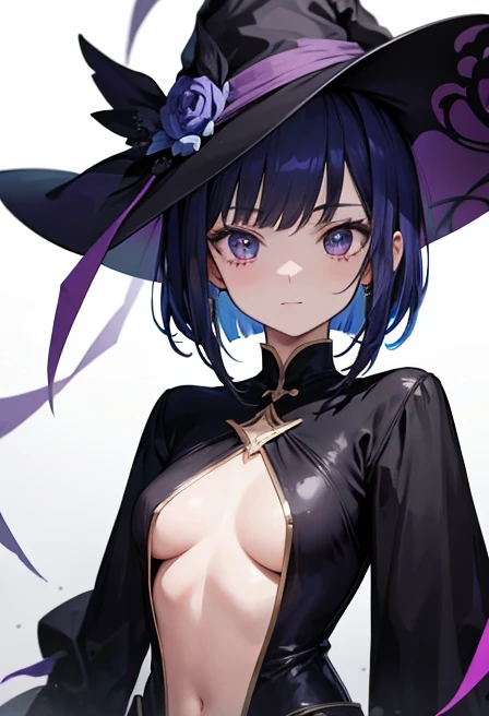 Witchs outfit, Anime-style portrait of a girl with a deep violet bob cut making eye contact with the camera, bright eyes, baby-faced, subtle smile, minimalistic background to emphasize character, high contrast, clean lines, digital painting, vivid colors