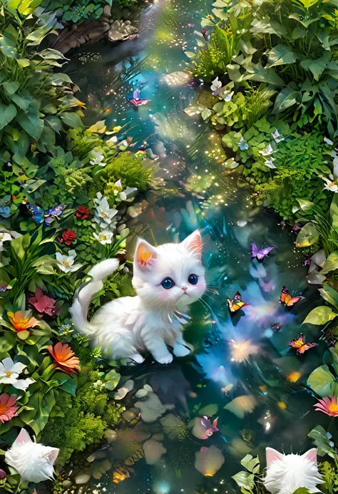 This scene is very fascinating。A girl and a white kitten are in a beautiful garden。 The girl is looking at the white kitten with amusement。The white kitten is having fun trying to catch a butterfly。 The garden with the girl and her white kitten is filled w...