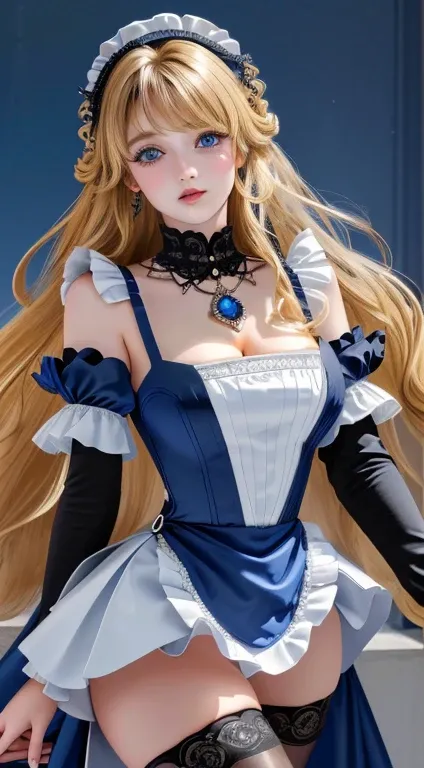 (super masterpiece、surreal、super high quality、ultra high resolution、original photo、Ultra HD Photo、super sharp focus)、((super goth  maid))、One Japan、22 years ago、very long hair，blonde，curl，(Super beautiful idol face、Double eyelids Beautiful blue eyes Perfec...