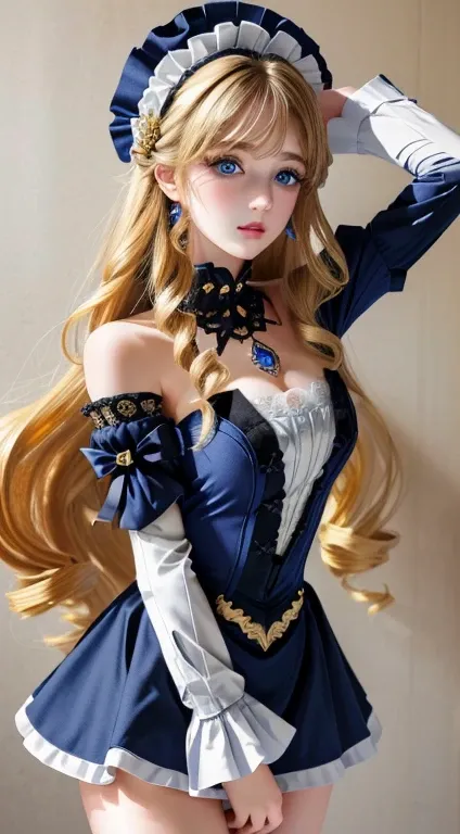 (super masterpiece、surreal、super high quality、ultra high resolution、original photo、Ultra HD Photo、super sharp focus)、((super goth  maid))、One Japan、22 years ago、very long hair，blonde，curl，(Super beautiful idol face、Double eyelids Beautiful blue eyes Perfec...