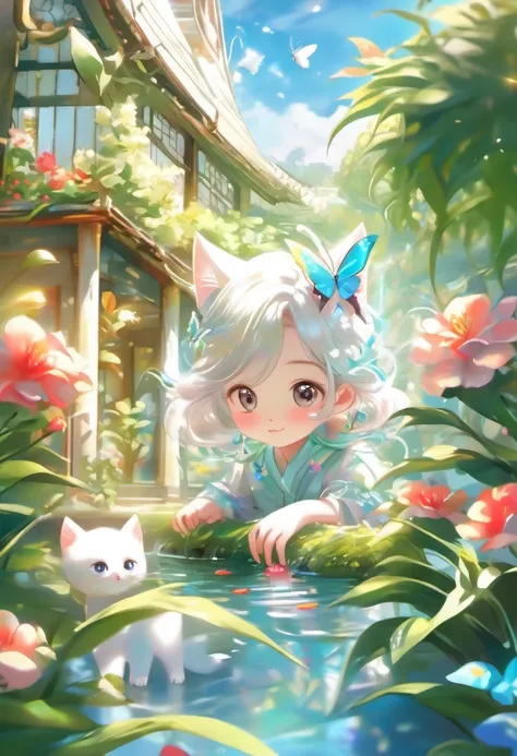 This scene is very fascinating。A girl and a white kitten are in a beautiful garden。 The girl is looking at the white kitten with amusement。The white kitten is having fun trying to catch a butterfly。 The garden is decorated with lush greenery and colorful f...